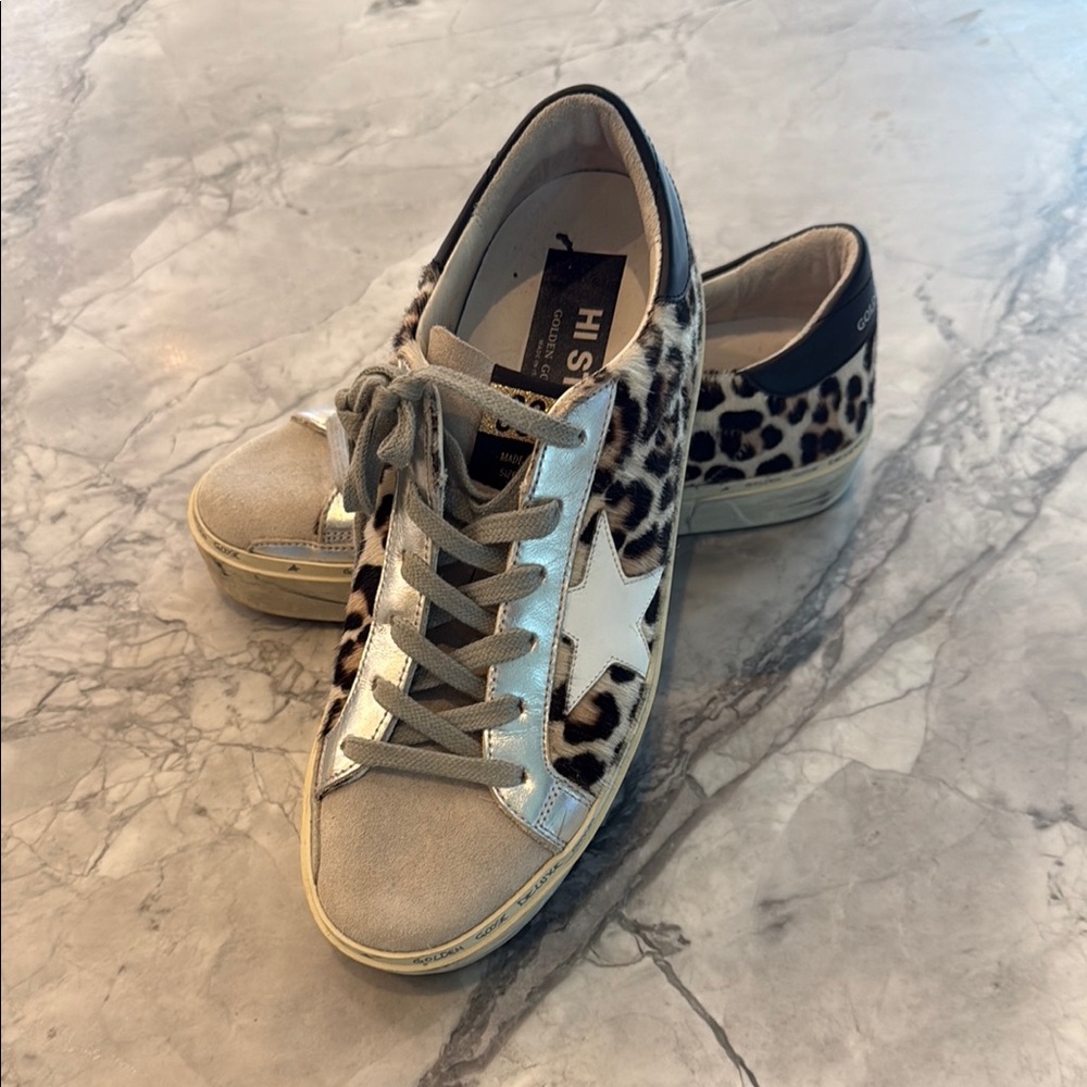 Golden Goose Leopard Print Sneakers with Silver and White Accents